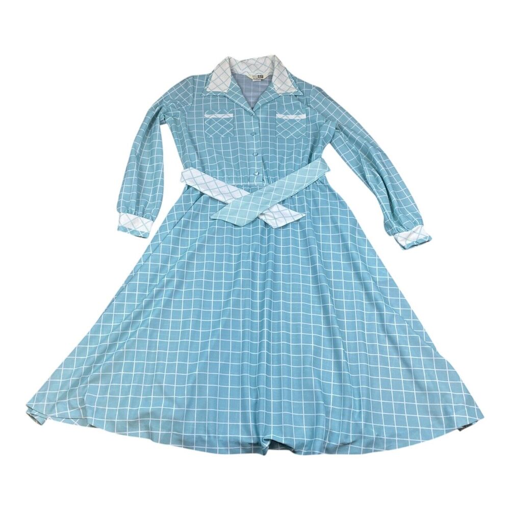 VTG 70s Sears ‘The Shirtdress’ Baby Blue Checkered‎ Plaid Long Sleeve Dress S-M